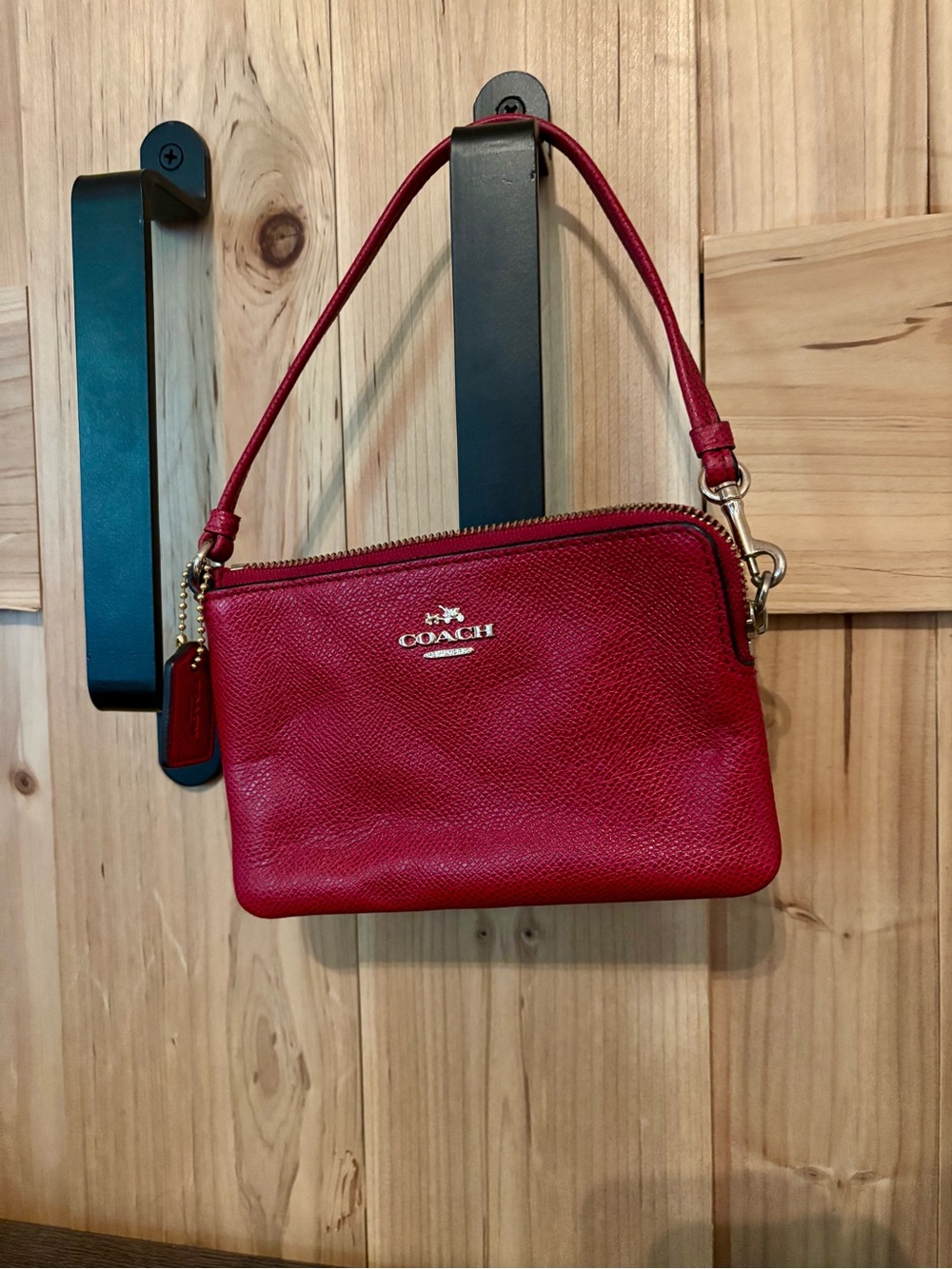 Coach Red Pebbled Leather Wristlet with Gold Hardware